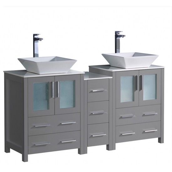 Torino 60" Gray Modern Double Sink Bathroom Cabinets w/ Tops & Vessel Sinks