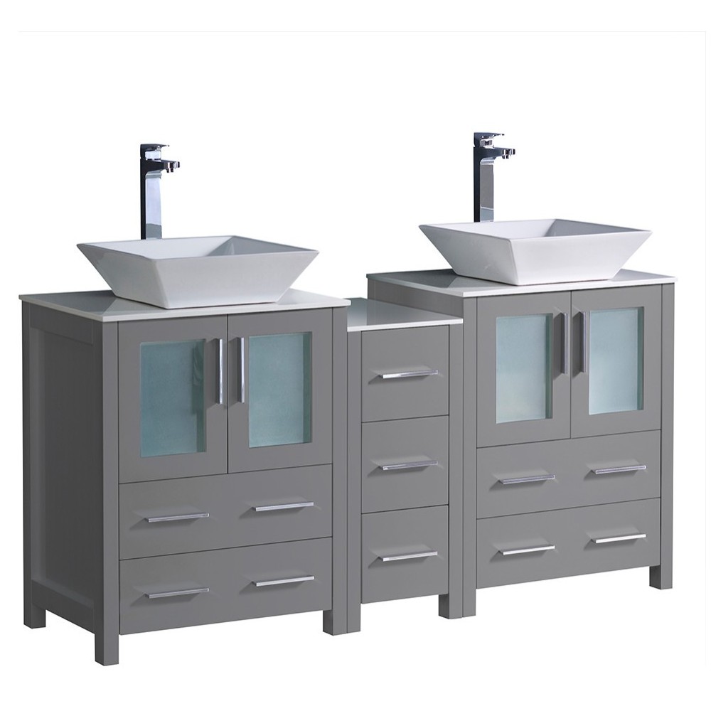 Torino 60" Gray Modern Double Sink Bathroom Cabinets w/ Tops & Vessel Sinks