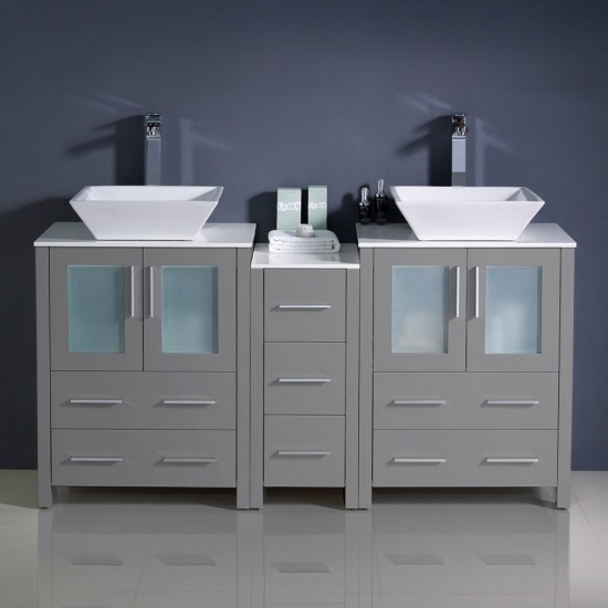 Torino 60" Gray Modern Double Sink Bathroom Cabinets w/ Tops & Vessel Sinks