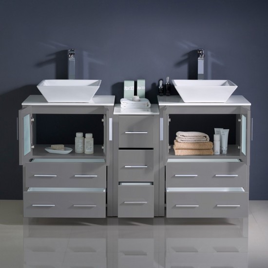 Torino 60" Gray Modern Double Sink Bathroom Cabinets w/ Tops & Vessel Sinks