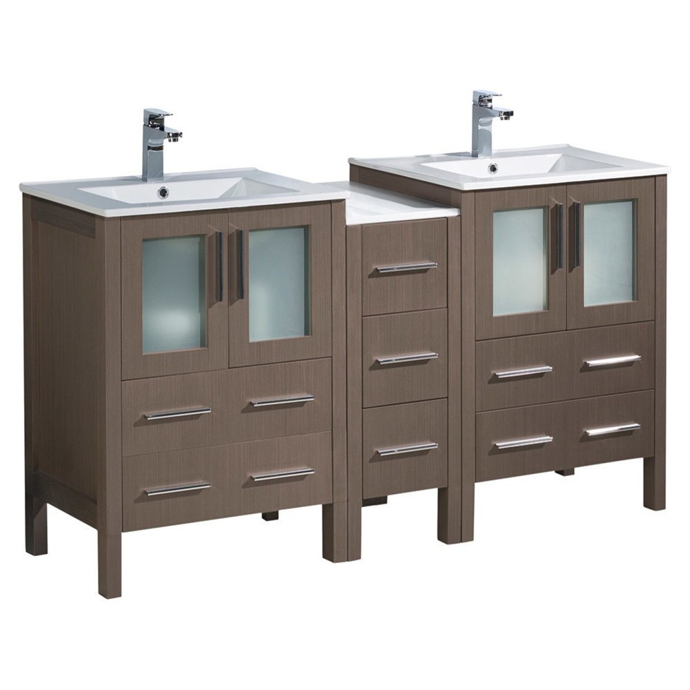 Torino 60" Gray Oak Modern Double Sink Bathroom Cabinets w/ Integrated Sinks