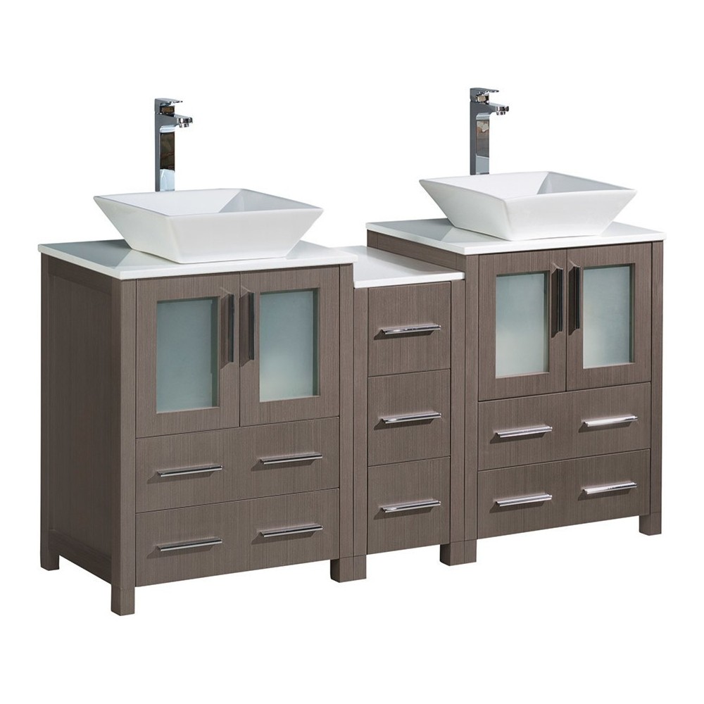 Torino 60" Gray Oak Modern Double Sink Bathroom Cabinets w/ Tops & Vessel Sinks