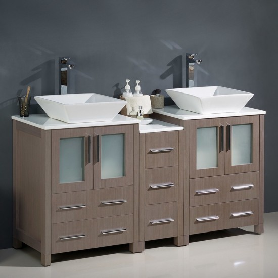 Torino 60" Gray Oak Modern Double Sink Bathroom Cabinets w/ Tops & Vessel Sinks