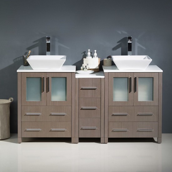 Torino 60" Gray Oak Modern Double Sink Bathroom Cabinets w/ Tops & Vessel Sinks