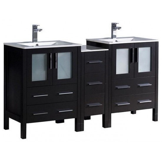 Torino 60" Espresso Modern Double Sink Bathroom Cabinets w/ Integrated Sinks