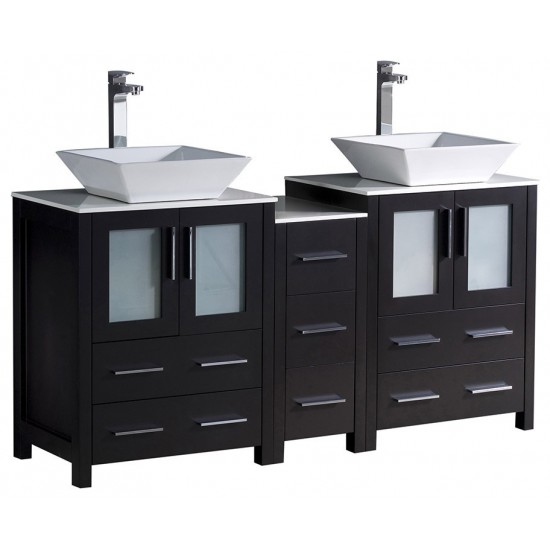 Torino 60" Espresso Modern Double Sink Bathroom Cabinets w/ Tops & Vessel Sinks