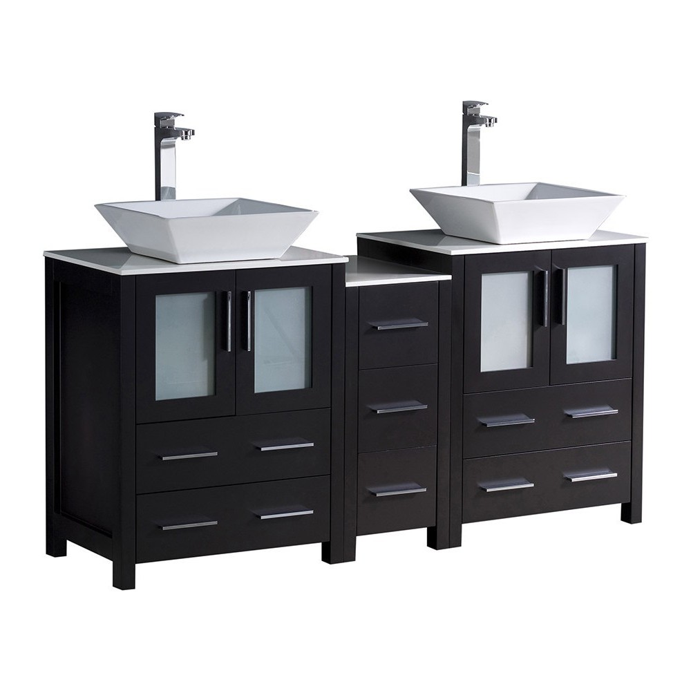 Torino 60" Espresso Modern Double Sink Bathroom Cabinets w/ Tops & Vessel Sinks