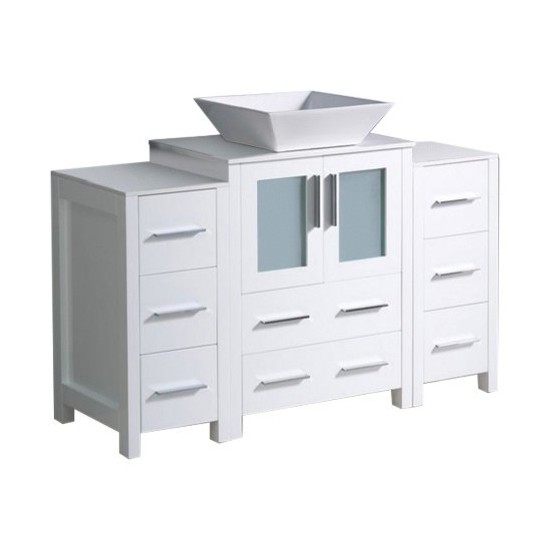 48 White Modern Bathroom Cabinets w/ Top & Vessel Sink, FCB62-122412WH-CWH-V