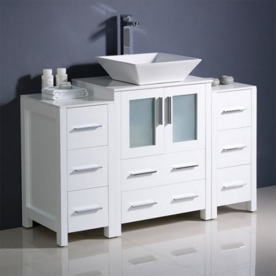 48 White Modern Bathroom Cabinets w/ Top & Vessel Sink, FCB62-122412WH-CWH-V