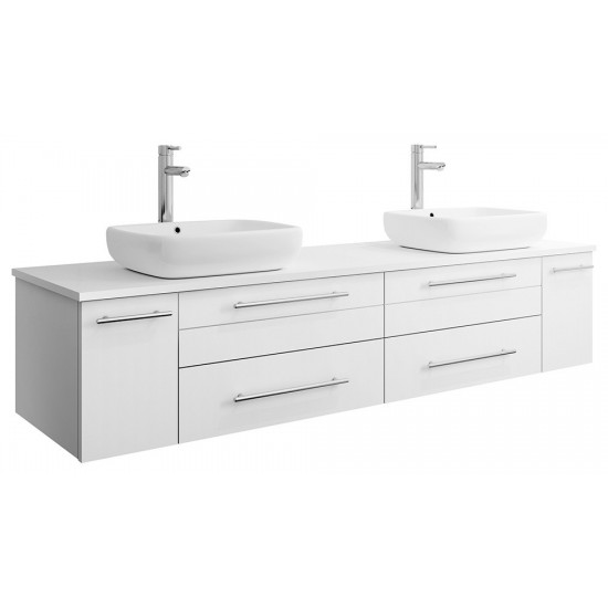 Lucera 72" White Wall Hung Modern Bathroom Cabinet w/ Top & Double Vessel Sinks