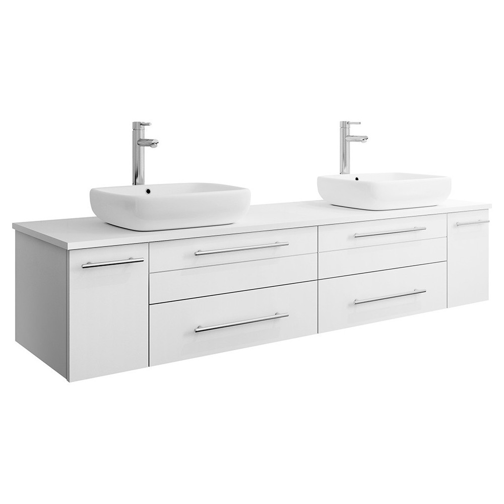 Lucera 72" White Wall Hung Modern Bathroom Cabinet w/ Top & Double Vessel Sinks