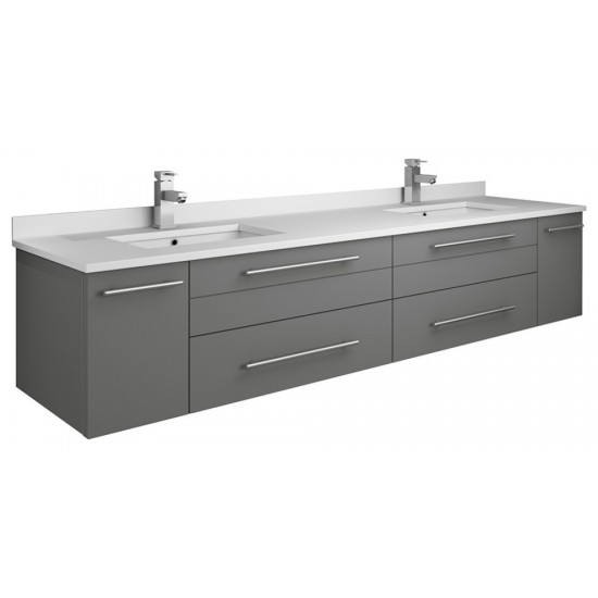 Lucera 72 Gray Wall Hung Modern Bathroom Cabinet w/ Top, Double Undermount Sinks