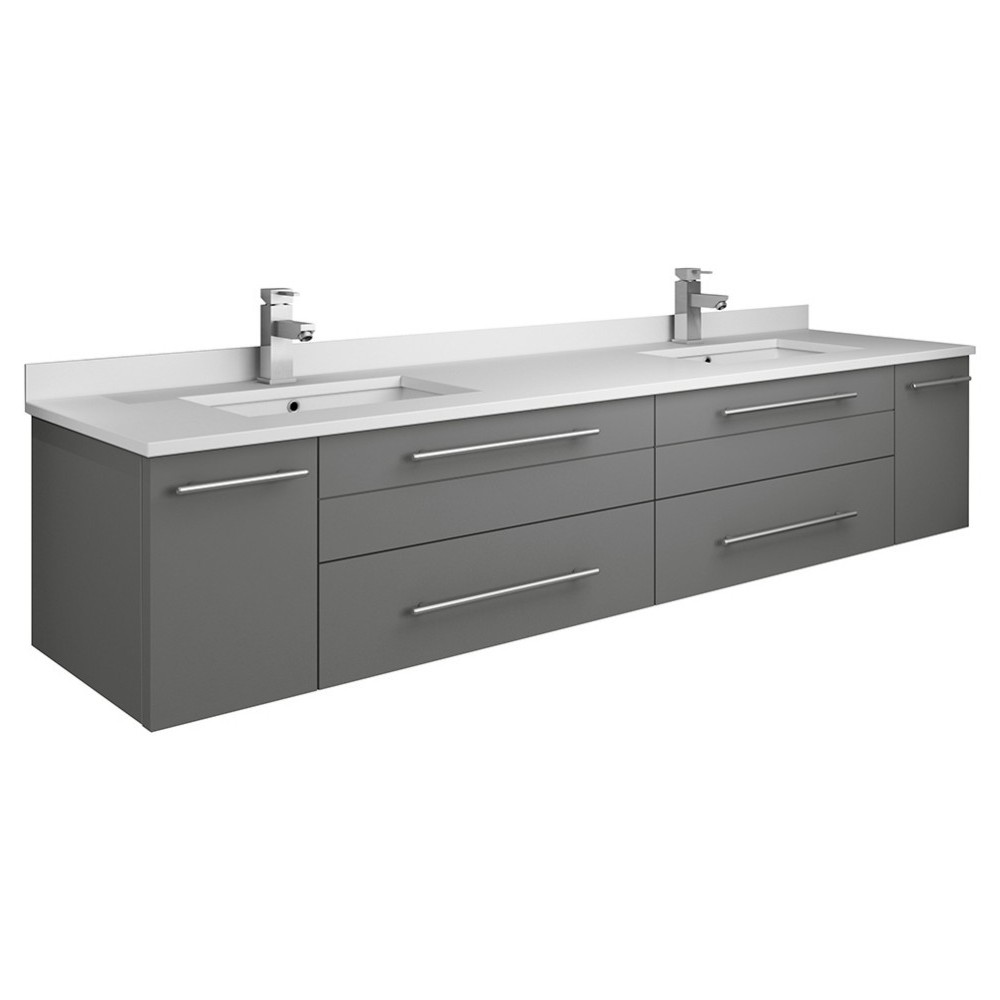 Lucera 72 Gray Wall Hung Modern Bathroom Cabinet w/ Top, Double Undermount Sinks