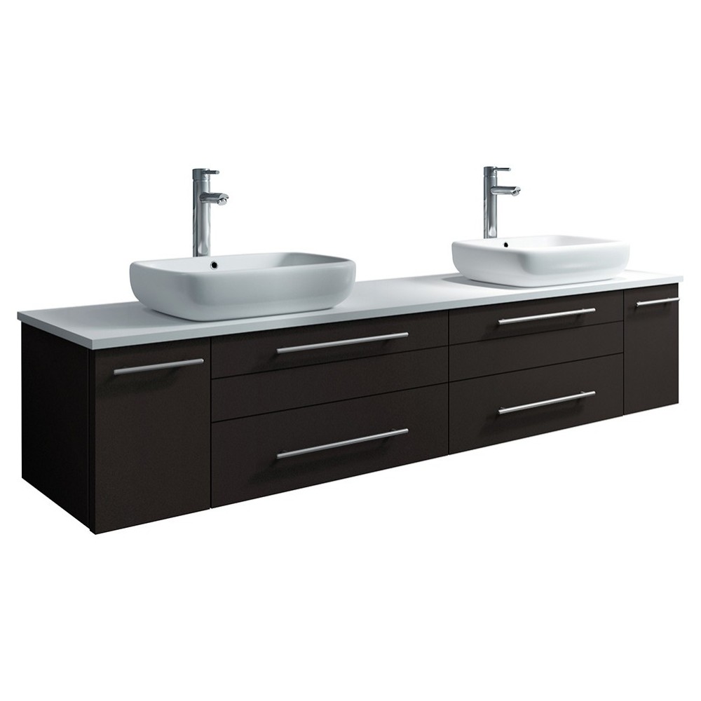 Lucera 72 Espresso Wall Hung Modern Bathroom Cabinet w/ Top, Double Vessel Sinks