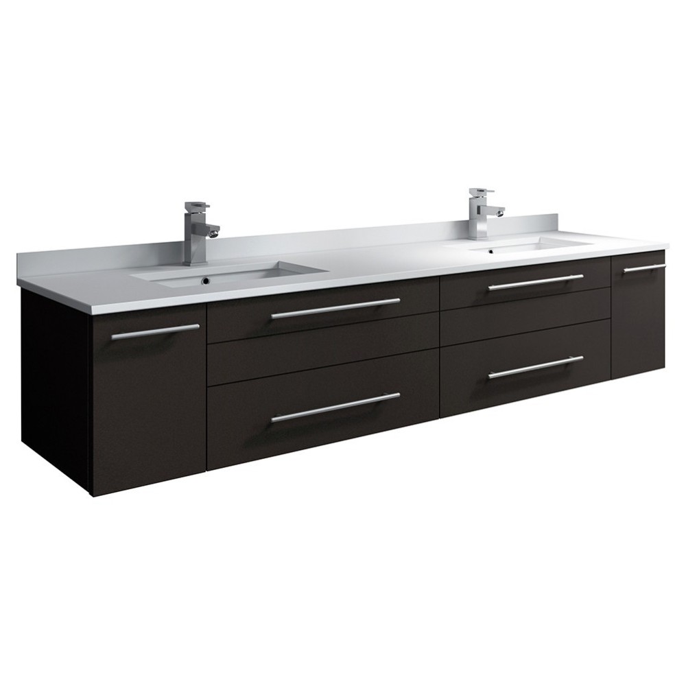 72 Espresso Wall Hung Modern Bathroom Cabinet w/ Top & Double Undermount Sinks