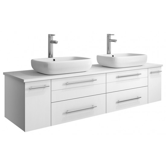 Lucera 60" White Wall Hung Modern Bathroom Cabinet w/ Top & Double Vessel Sinks