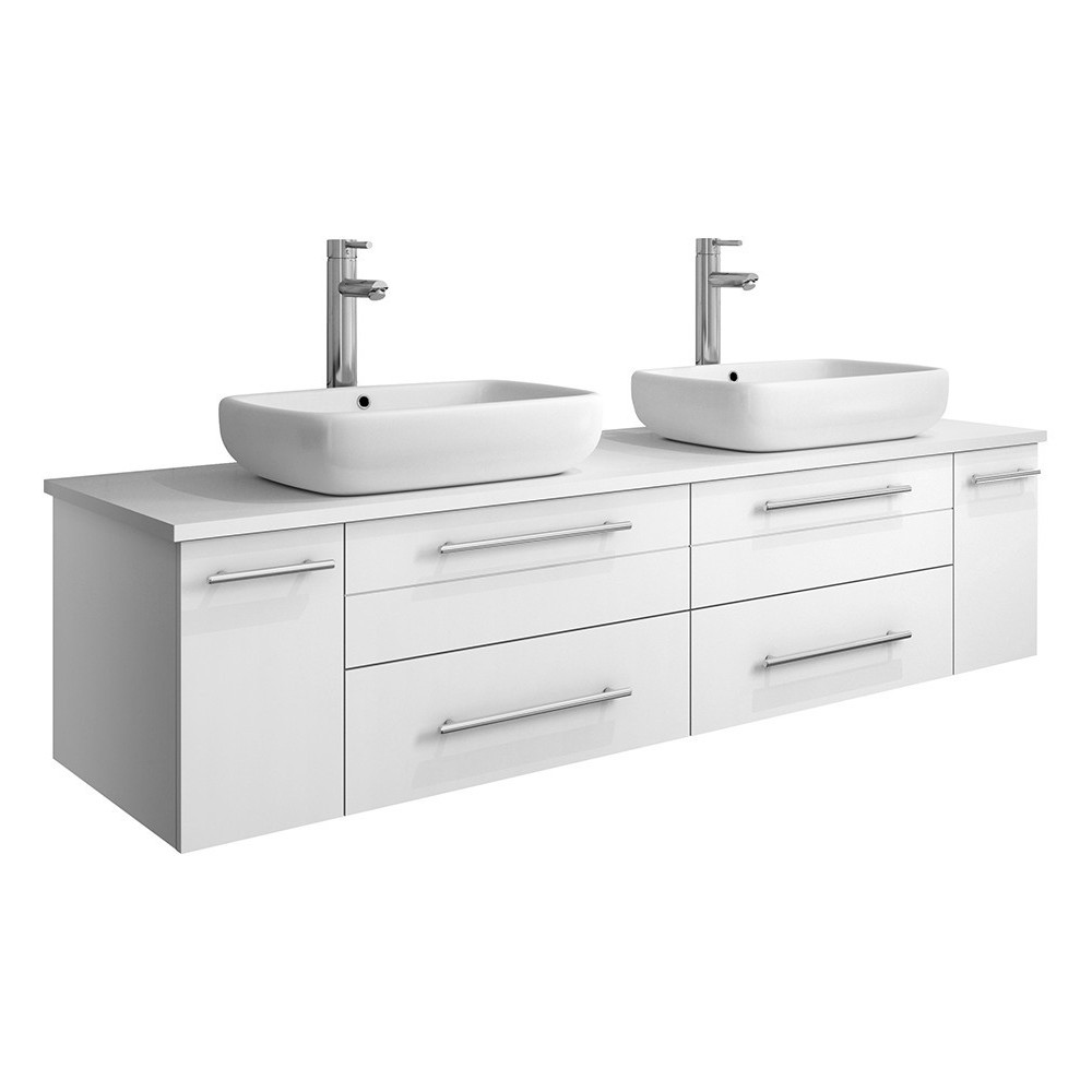 Lucera 60" White Wall Hung Modern Bathroom Cabinet w/ Top & Double Vessel Sinks