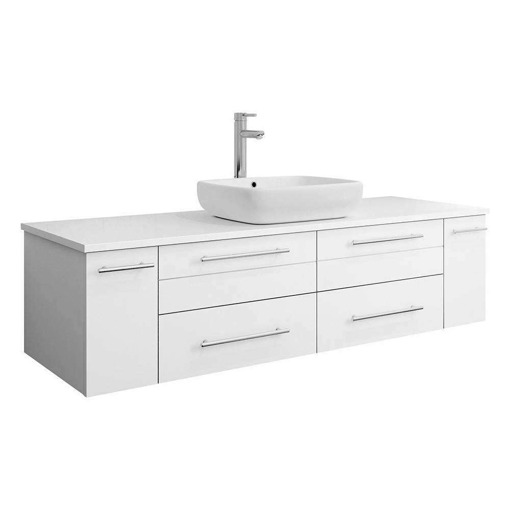 Lucera 60" White Wall Hung Modern Bathroom Cabinet w/ Top & Single Vessel Sink