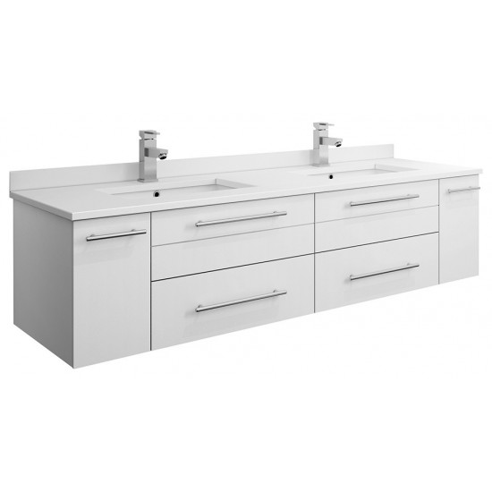 60 White Wall Hung Modern Bathroom Cabinet w/ Top, Double Undermount Sinks