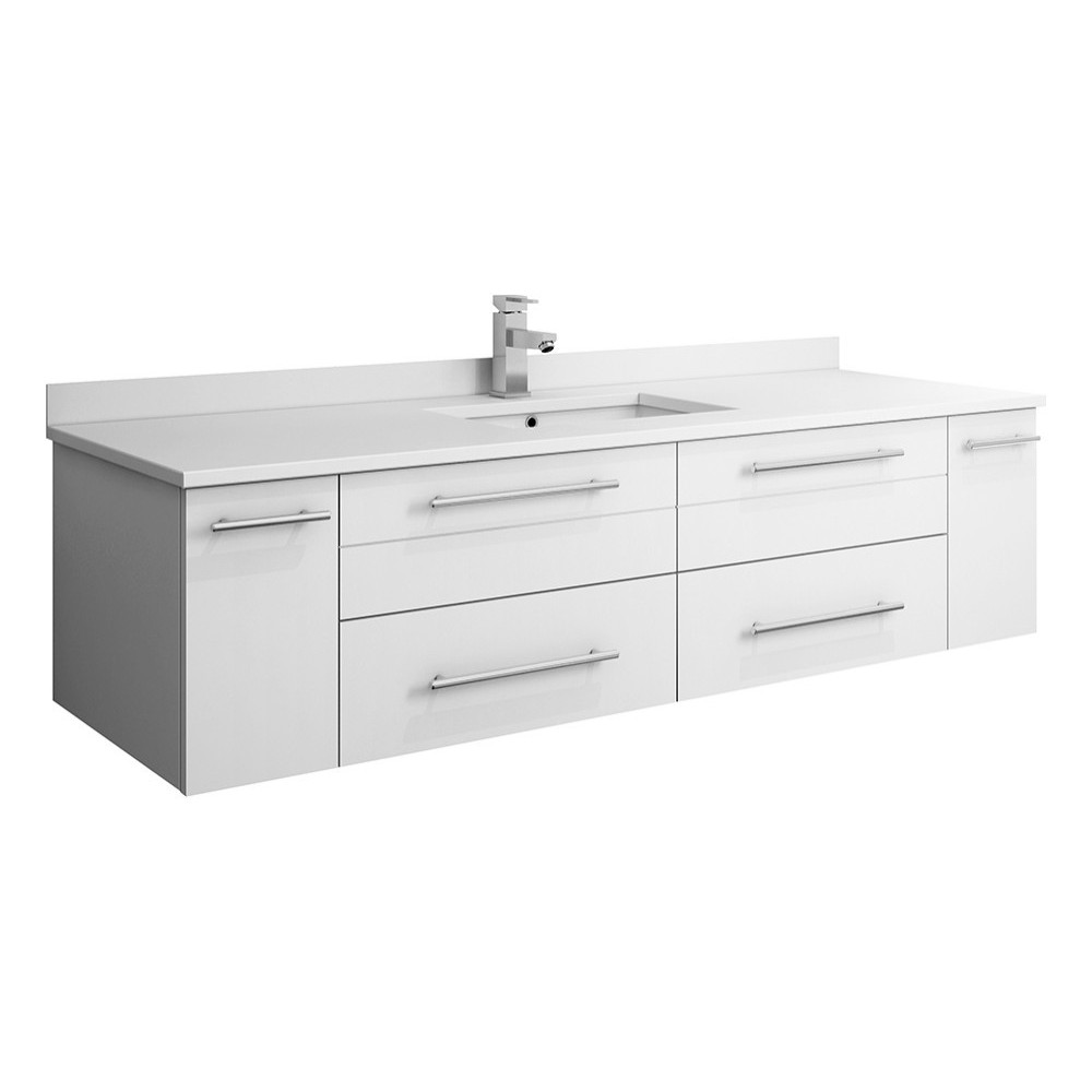 Lucera 60 White Wall Hung Modern Bathroom Cabinet w/ Top, Single Undermount Sink