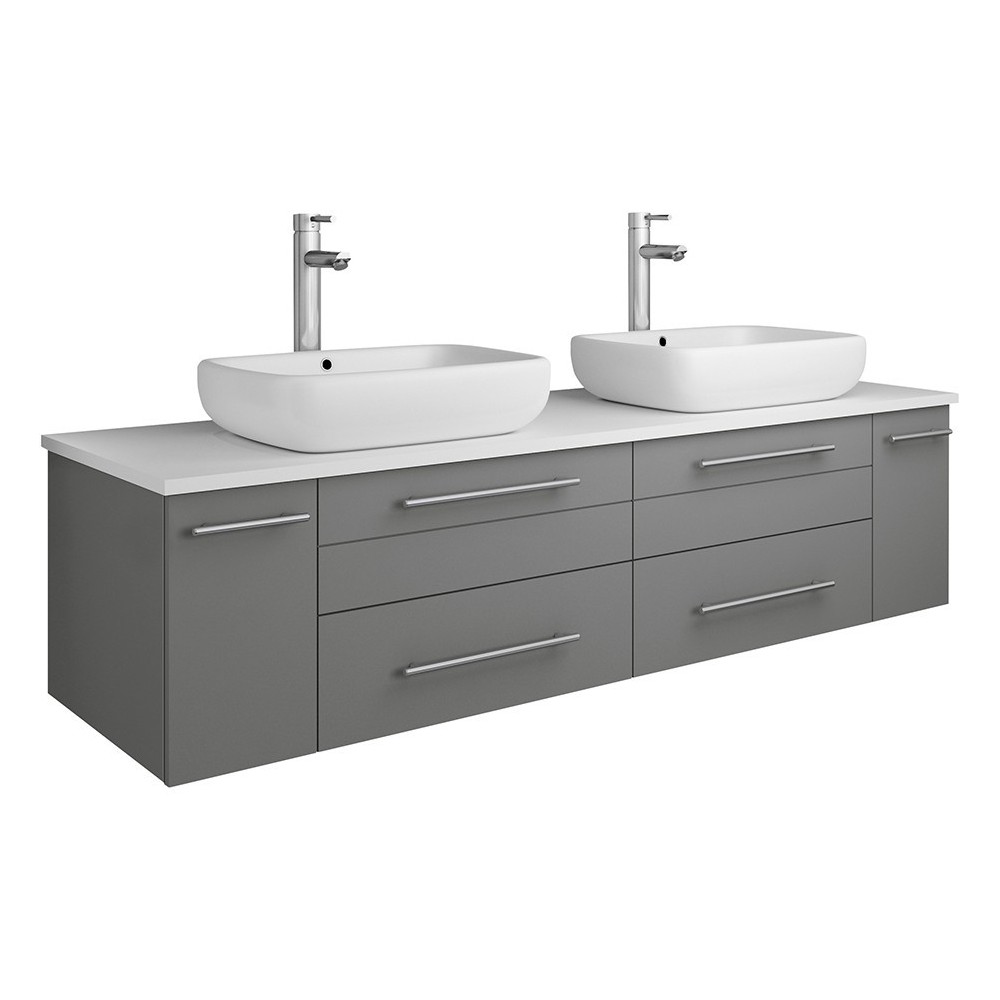 Lucera 60" Gray Wall Hung Modern Bathroom Cabinet w/ Top & Double Vessel Sinks