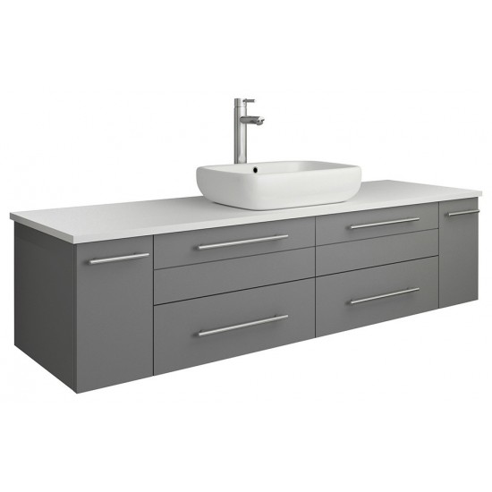 Lucera 60" Gray Wall Hung Modern Bathroom Cabinet w/ Top & Single Vessel Sink