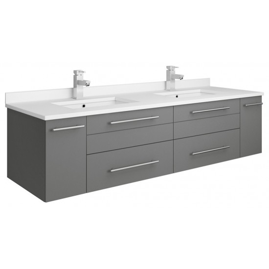 Lucera 60 Gray Wall Hung Modern Bathroom Cabinet w/ Top, Double Undermount Sinks