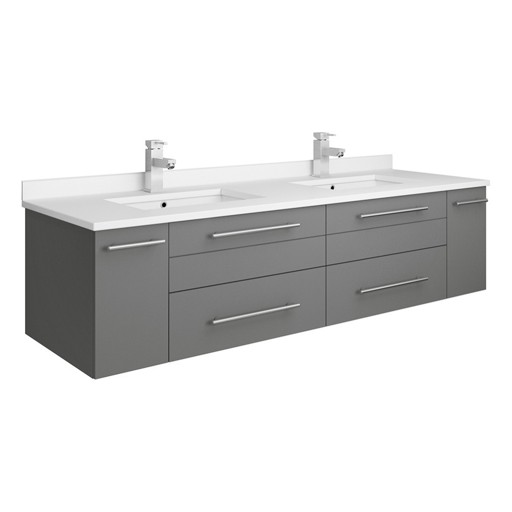 Lucera 60 Gray Wall Hung Modern Bathroom Cabinet w/ Top, Double Undermount Sinks