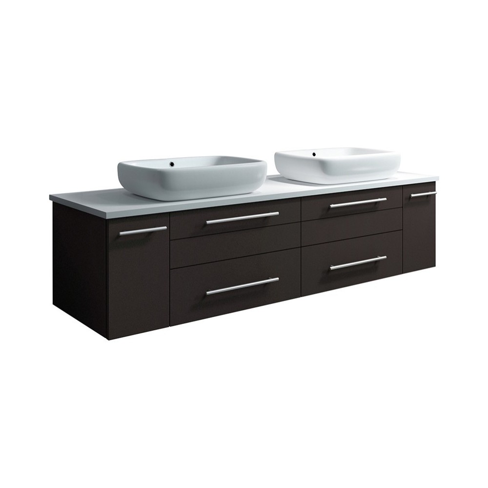 Lucera 60 Espresso Wall Hung Modern Bathroom Cabinet w/ Top, Double Vessel Sinks