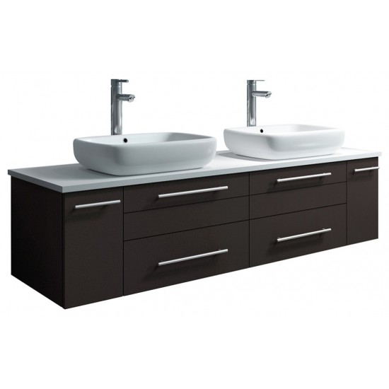 Lucera 60 Espresso Wall Hung Modern Bathroom Cabinet w/ Top, Double Vessel Sinks