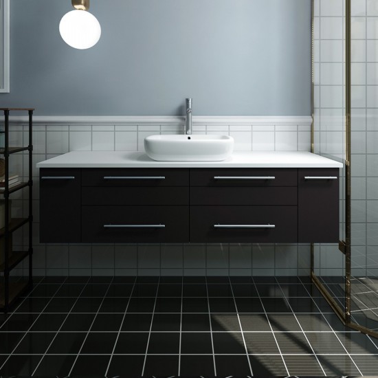 Lucera 60 Espresso Wall Hung Modern Bathroom Cabinet w/ Top & Single Vessel Sink