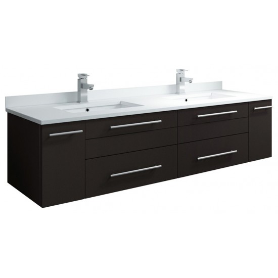 60 Espresso Wall Hung Modern Bathroom Cabinet w/ Top & Double Undermount Sinks