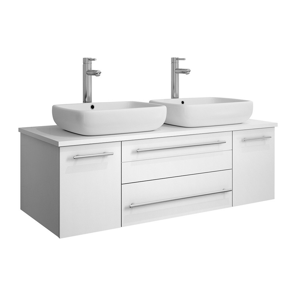 Lucera 48" White Wall Hung Modern Bathroom Cabinet w/ Top & Double Vessel Sinks