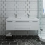 48 White Wall Hung Modern Bathroom Cabinet w/ Top, Double Undermount Sinks