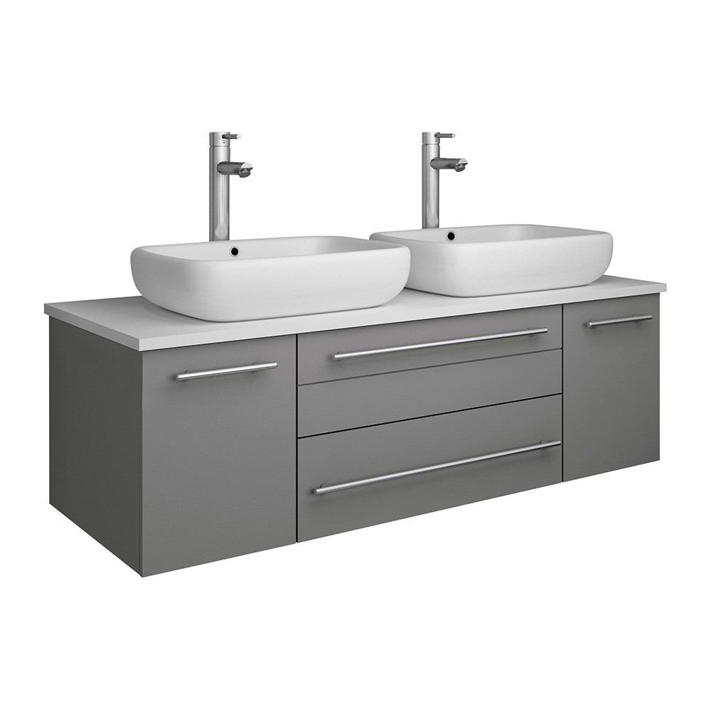 Lucera 48" Gray Wall Hung Modern Bathroom Cabinet w/ Top & Double Vessel Sinks