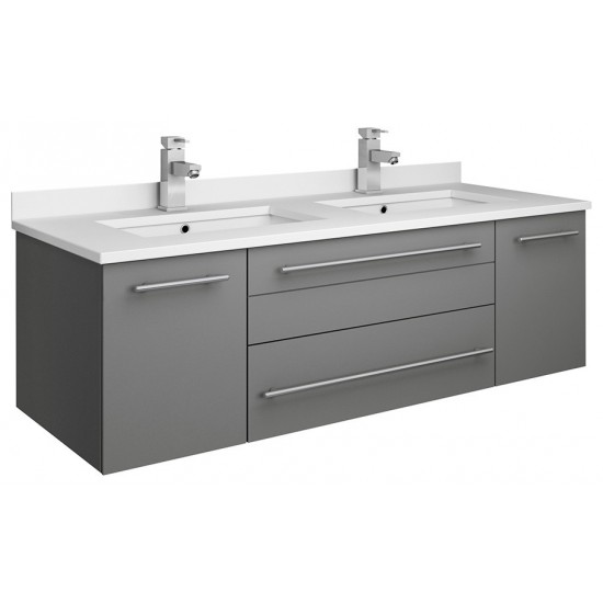 Lucera 48 Gray Wall Hung Modern Bathroom Cabinet w/ Top, Double Undermount Sinks