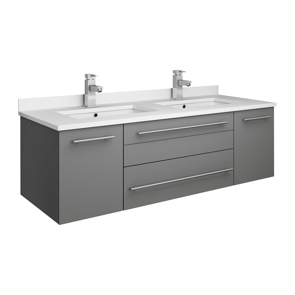 Lucera 48 Gray Wall Hung Modern Bathroom Cabinet w/ Top, Double Undermount Sinks