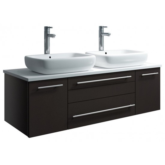 Lucera 48 Espresso Wall Hung Modern Bathroom Cabinet w/ Top, Double Vessel Sinks