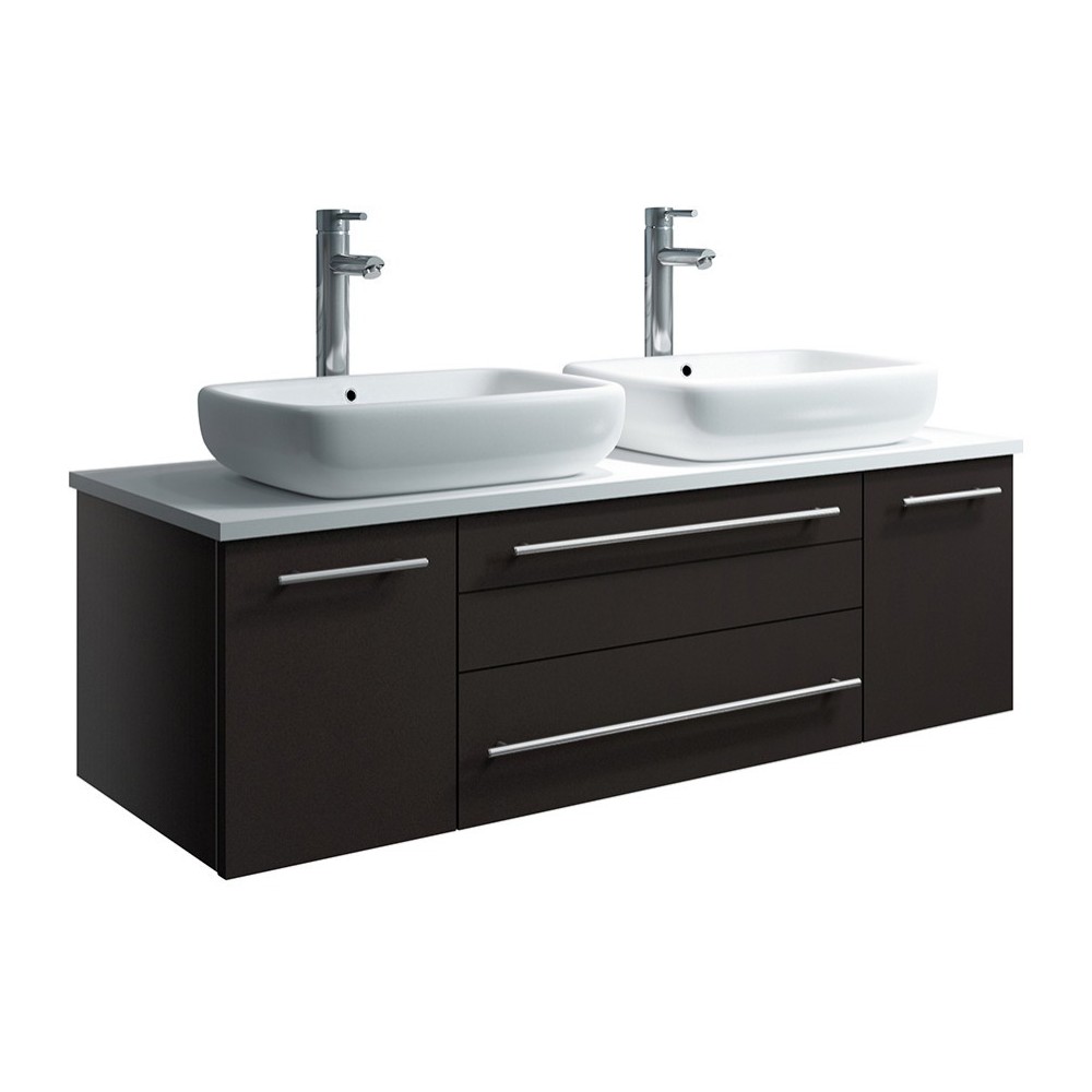 Lucera 48 Espresso Wall Hung Modern Bathroom Cabinet w/ Top, Double Vessel Sinks