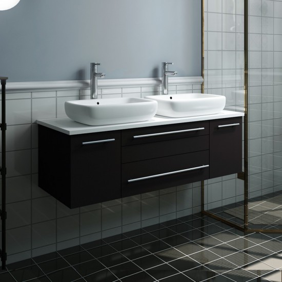 Lucera 48 Espresso Wall Hung Modern Bathroom Cabinet w/ Top, Double Vessel Sinks