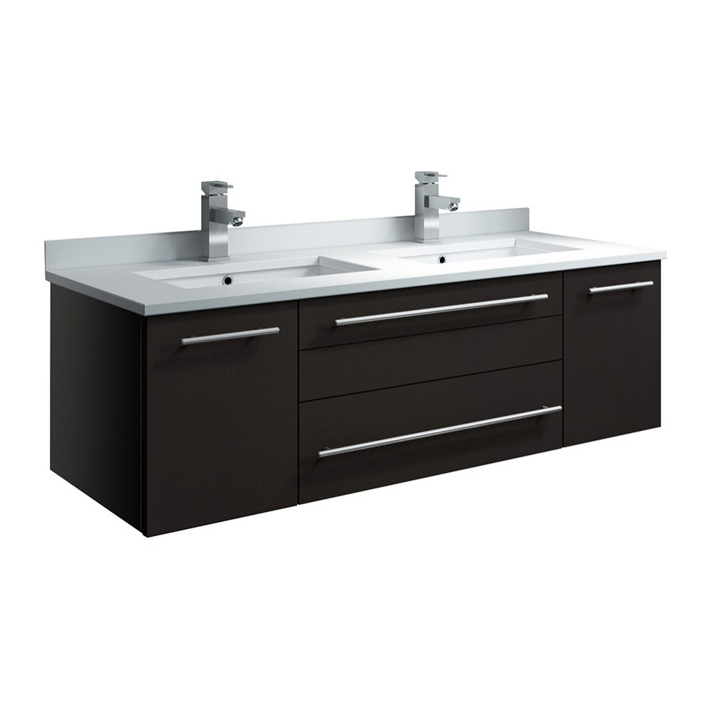 48 Espresso Wall Hung Modern Bathroom Cabinet w/ Top & Double Undermount Sinks