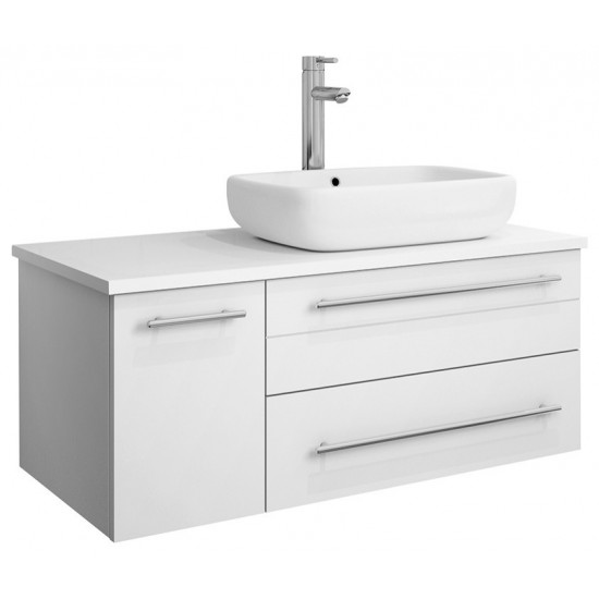 36 White Wall Hung Modern Bathroom Cabinet w/ Top & Vessel Sink - Right Version