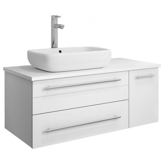 36 White Wall Hung Modern Bathroom Cabinet w/ Top & Vessel Sink - Left Version