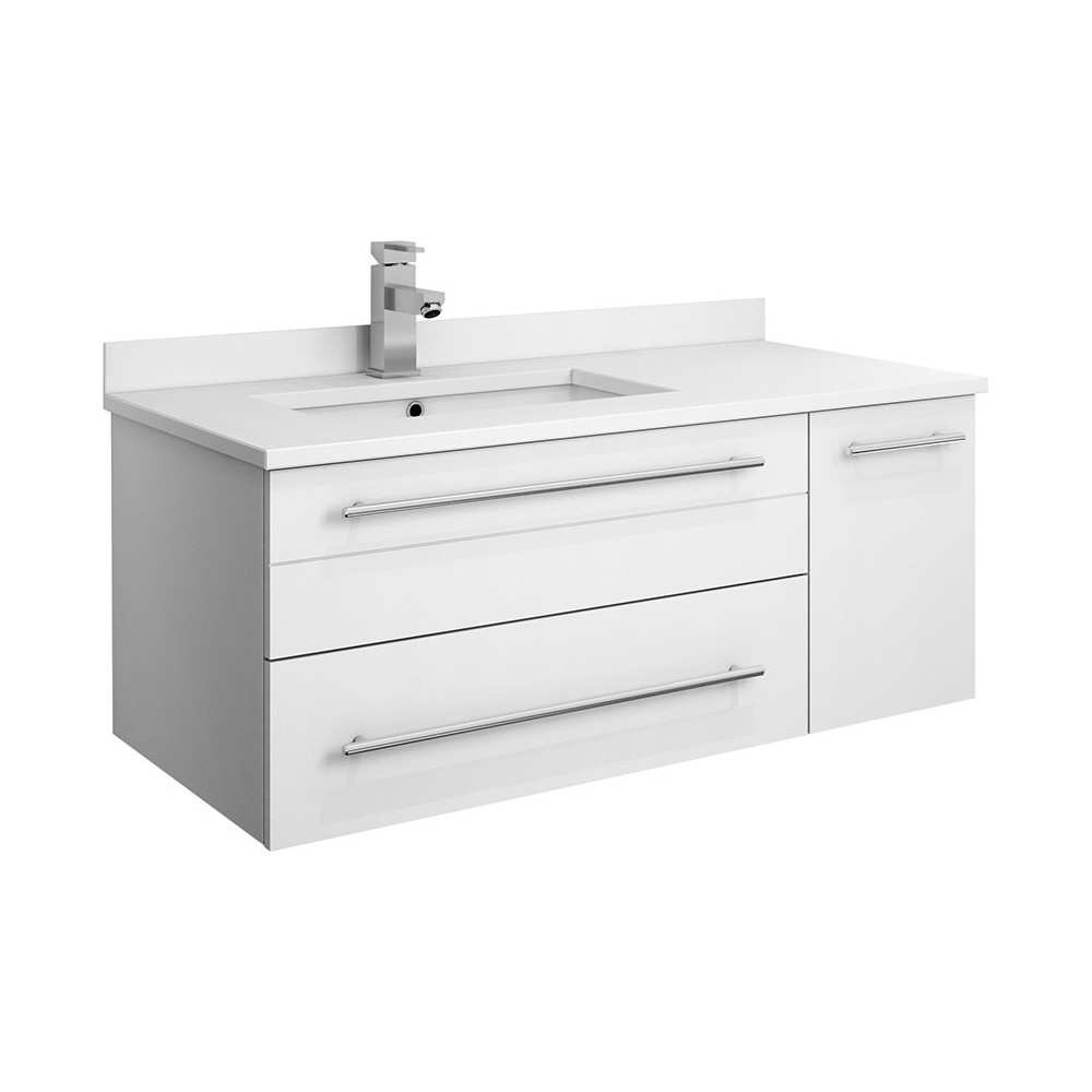 36 White Wall Hung Bathroom Cabinet w/ Top & Undermount Sink - Left Version 36 White Wall Hung Bathroom Cabinet w/ Top & Undermount Sink - Left Version