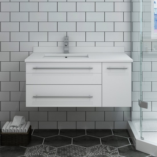 36 White Wall Hung Bathroom Cabinet w/ Top & Undermount Sink - Left Version
