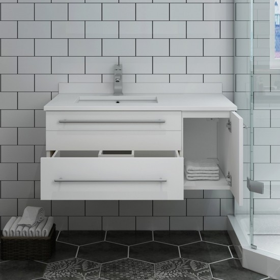 36 White Wall Hung Bathroom Cabinet w/ Top & Undermount Sink - Left Version