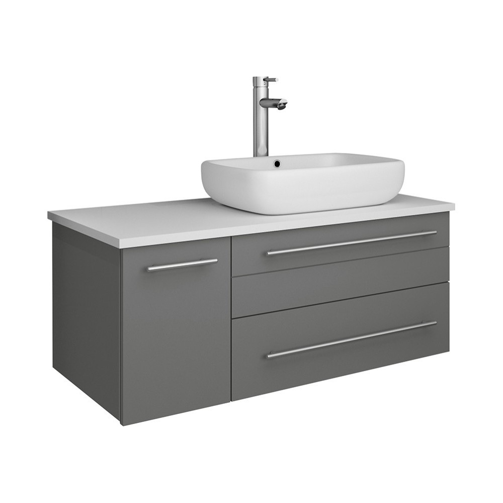 36 Gray Wall Hung Modern Bathroom Cabinet w/ Top & Vessel Sink - Right Version