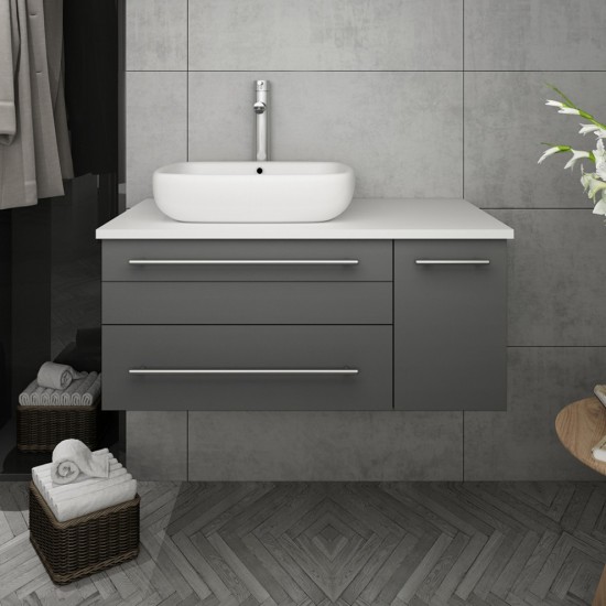 36 Gray Wall Hung Modern Bathroom Cabinet w/ Top & Vessel Sink - Left Version