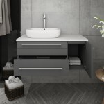 36 Gray Wall Hung Modern Bathroom Cabinet w/ Top & Vessel Sink - Left Version