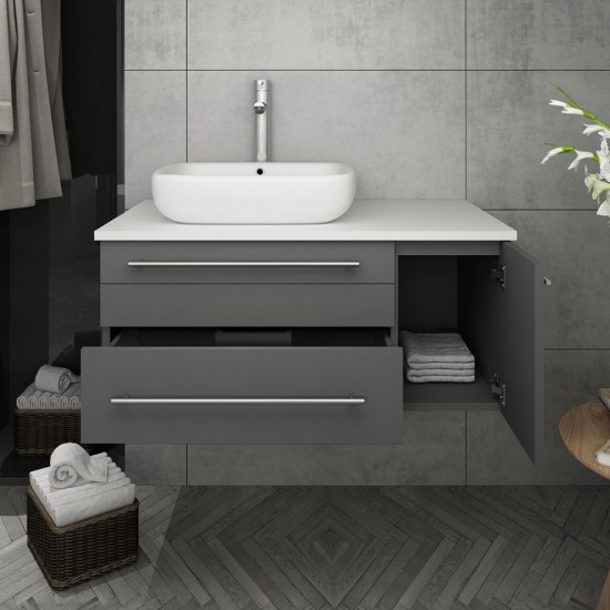 36 Gray Wall Hung Modern Bathroom Cabinet w/ Top & Vessel Sink - Left Version